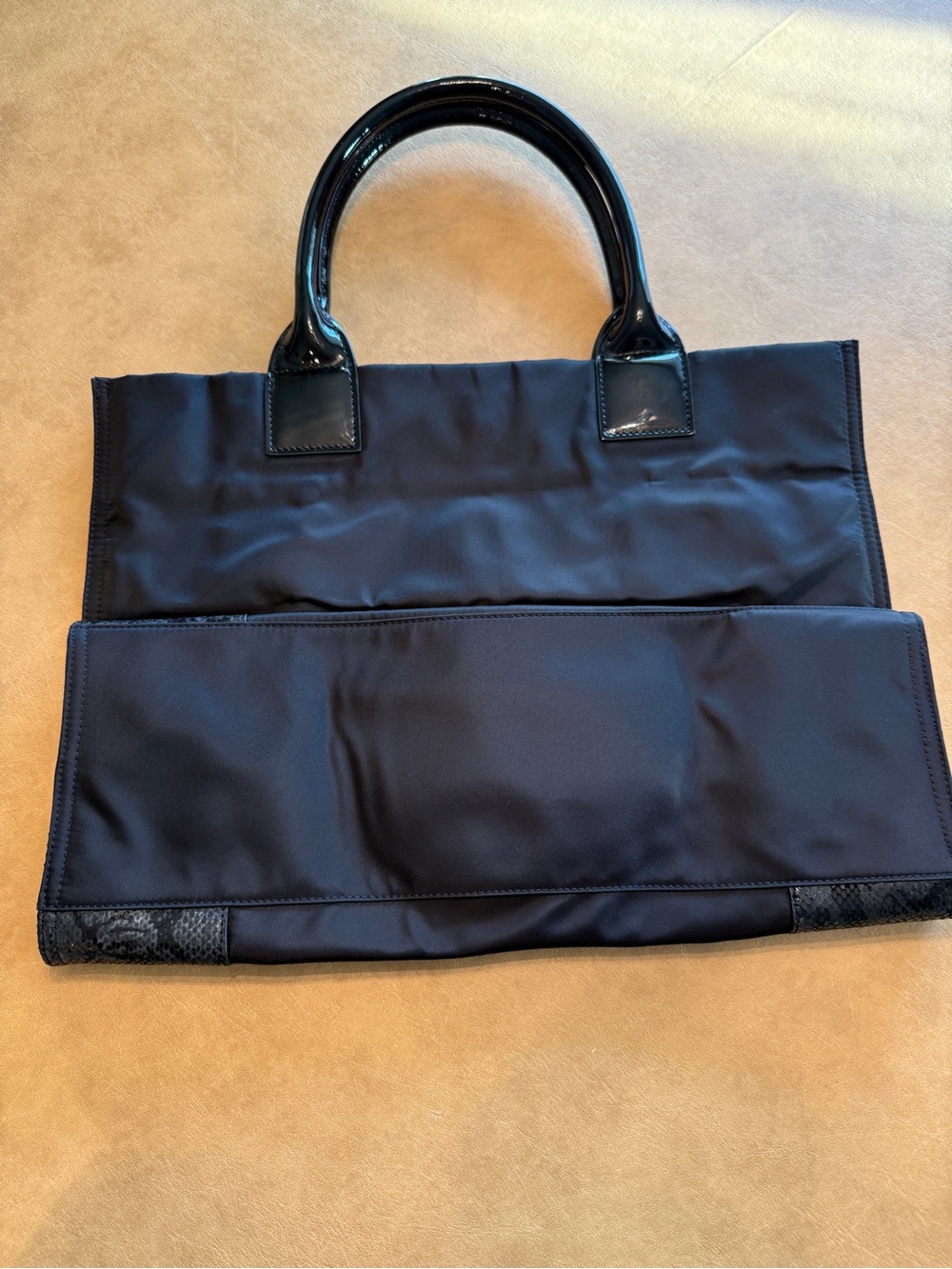 Tory Burch Black Tote with Patent Handles and Logo Patch - Picture 2 of 2